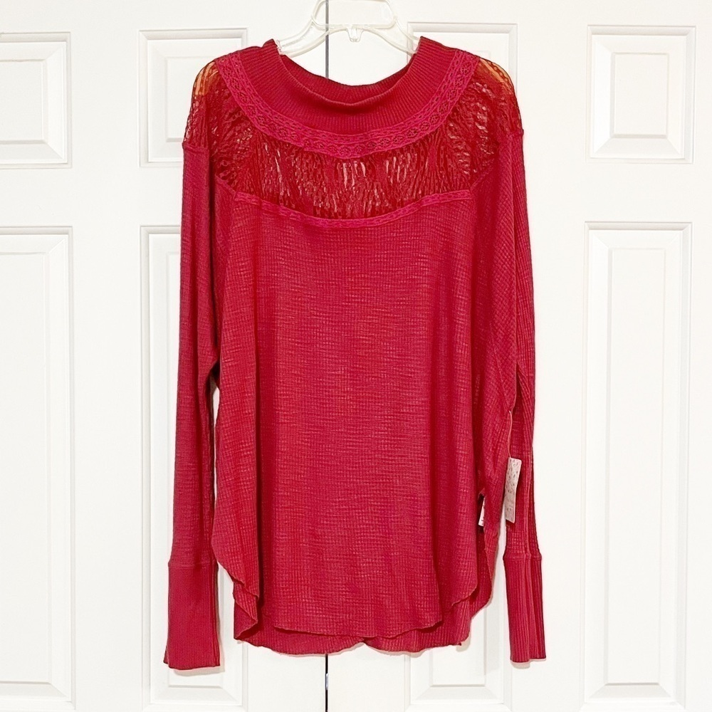 NWT Free People pink raspberry waffle knit lace long sleeve thermal oversize top